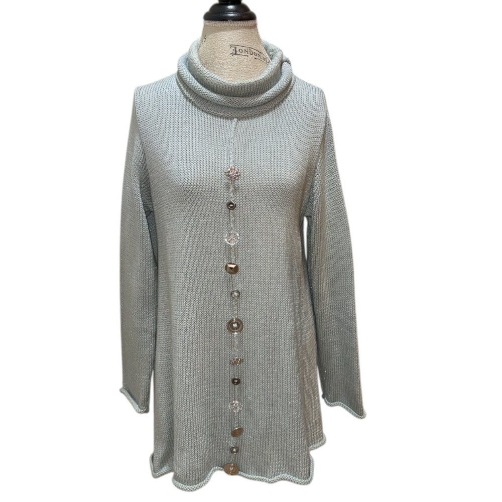 Pure Handknit Size XS/S Gray & Silver Sparkle Cowl Neck Tunic Sweater w/ Buttons